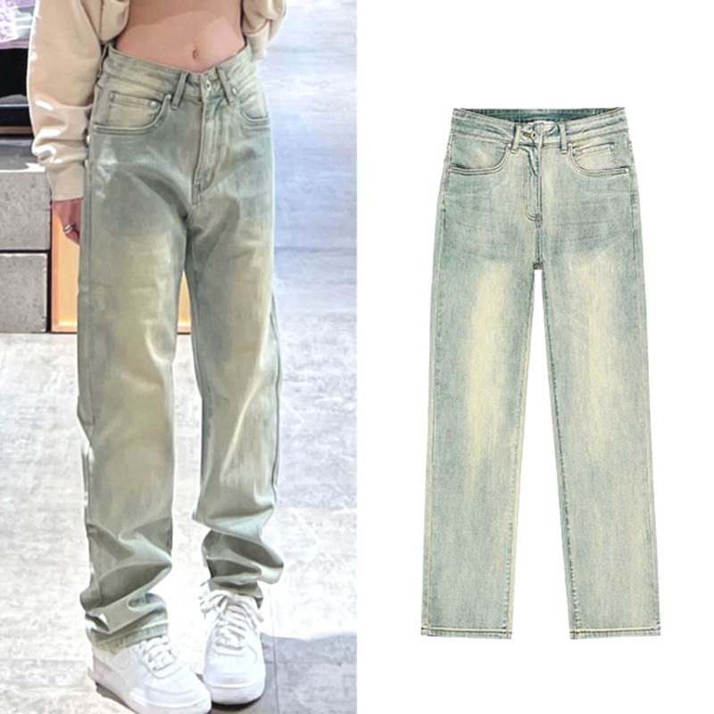 American Street Style Brand Yellow Mud-Dyed Heavy-Duty Jeans for Men, High Street Vintage Distressed Long Straight-Leg Pants That Make You Look Taller, Dad Jeans