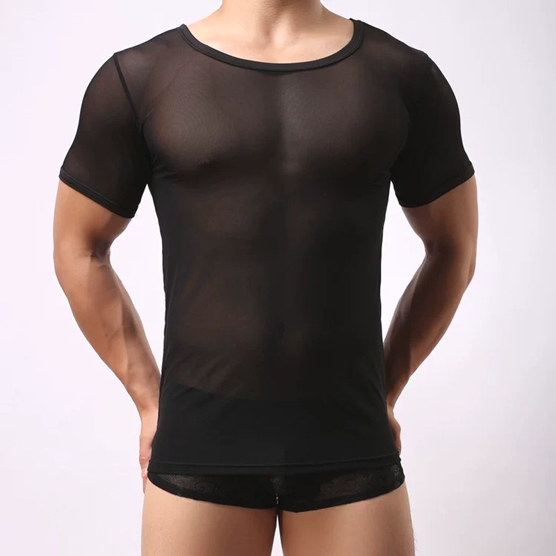 Sexy Transparent Mesh T-Shirt for Men, Cool, Thin, Quick-Drying, Stretchy Short-Sleeved Bodysuit, Silky Modal Black Silk Cover-Up, Trendy