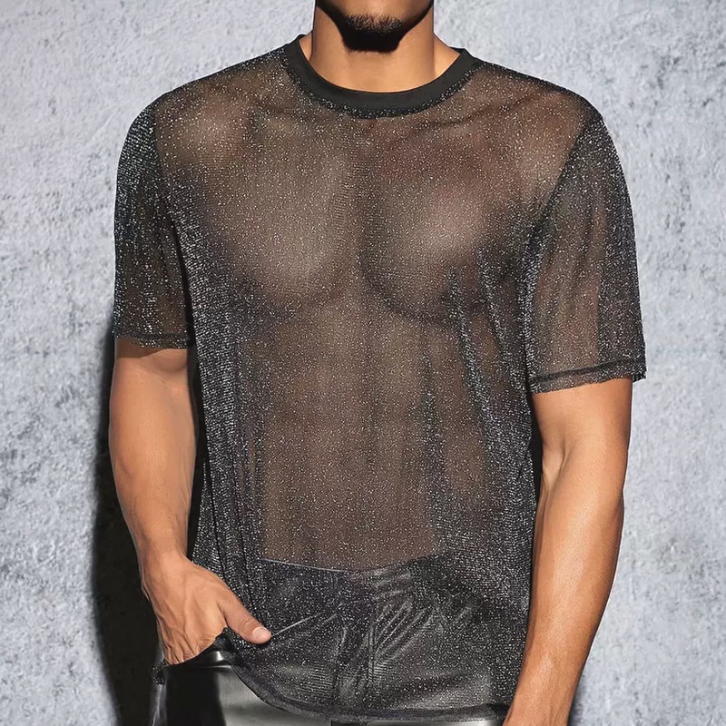 Starry Sky Highlight T-Shirt for Muscular Men, Tough Guy Style Short-Sleeve Top with Rhinestones, Shiny Stage Performance Outfit with Pearlescent Starry Pattern