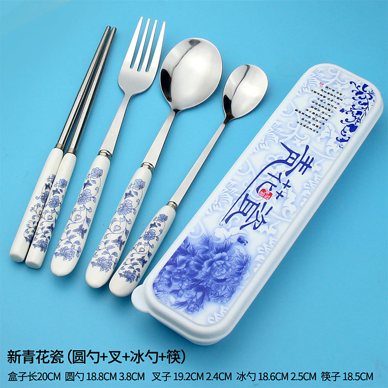 Stainless Steel Student Ceramic Cartoon Tableware Three-Piece Set Children's Fork Portable Blue and White Porcelain Chopsticks Spoon Boxed