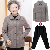  Grandma spring plaid jacket 60-70 years old middle-aged and elderly lapel top Mom spring and autumn elderly clothes female