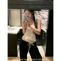 Lap Cooky hit color Secret key American high waist splicing pumping rope guard pants loose black broadleg casual pants woman