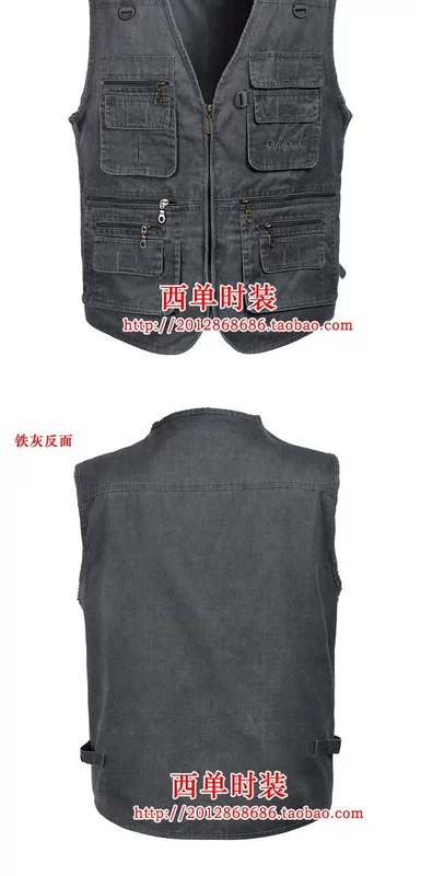 Mùa xuân và mùa thu mẫu trung niên vest nam kích thước lớn giản dị nhiều túi câu cá vest nam áo khoác cotton vai cha áo ghi lê nam
