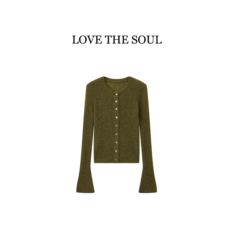 Korean Style Lazy Style Bell-Sleeve Knitted Cardigan Women's Autumn Olive Green Slim Long-Sleeve Sweater Top for Outer Wear