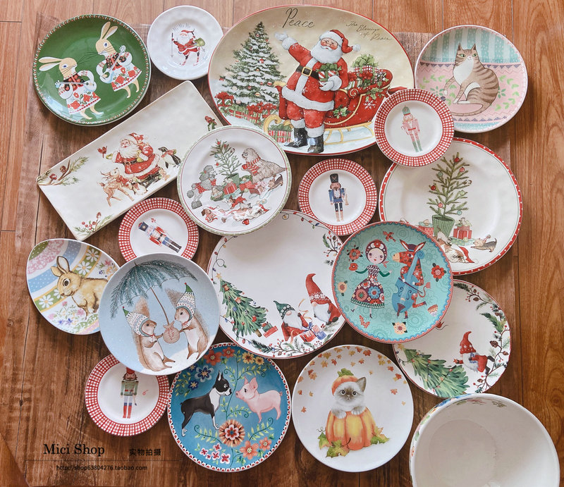() American-Style Ceramic Dinner Plate, Christmas Hand-Painted Underglaze Color Flat Plate, Round Household Snack Plate, Decorative Plate