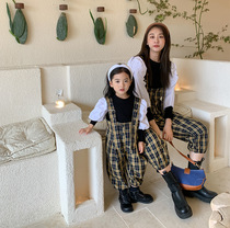 Boys and girls plaid overalls parent-child clothing spring and autumn Y4 baby fisherman pants princess sleeves bottoming mother-child clothing