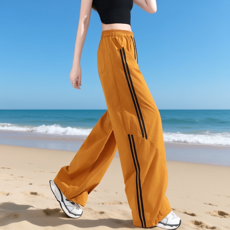 American-Style Quick-Dry Work Pants, High-Waisted Wide-Leg Pants for Women, Summer Thin Loose Yellow Striped Sports Casual Pants