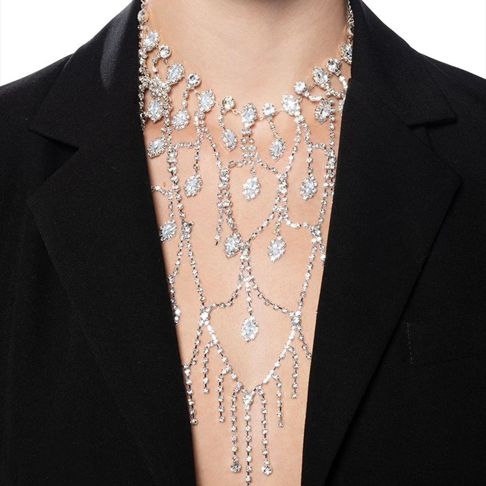 Rhinestone mesh statement necklace, versatile sparkling diamond body chain, perfect for dresses, performance costumes, and large stage accessories.