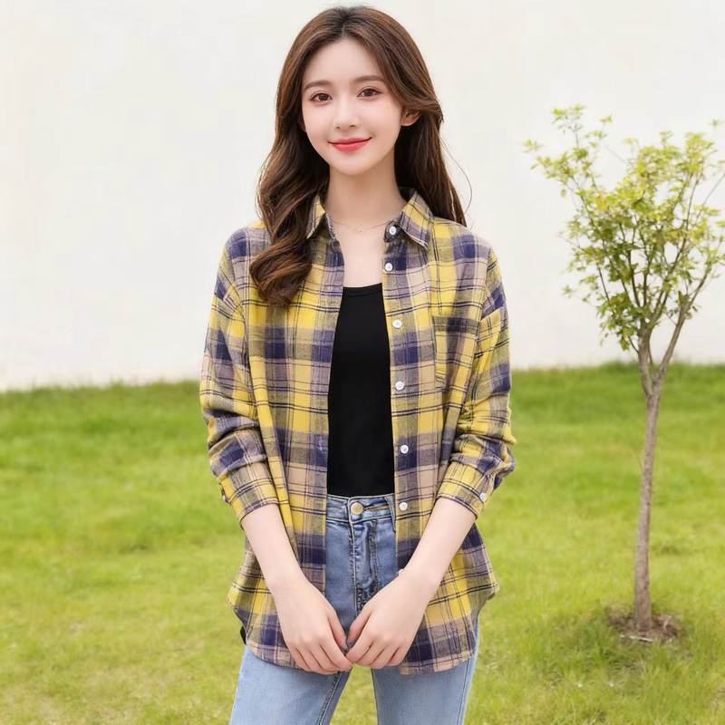 Mid-Length Brushed Plaid Shirt Jacket for Women, Long-Sleeved, 2026 New Spring and Autumn Casual Retro Loose Lazy Style