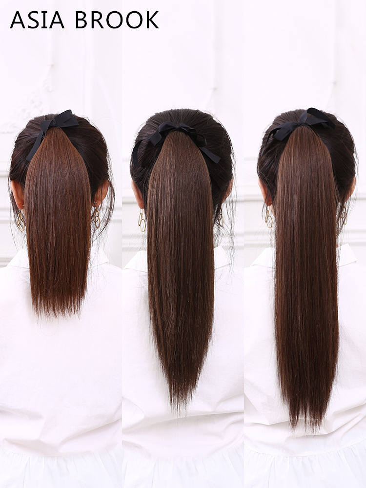 Real hair ponytail wig Female medium long strap type short straight hair net red braids Full real hair high ponytail natural