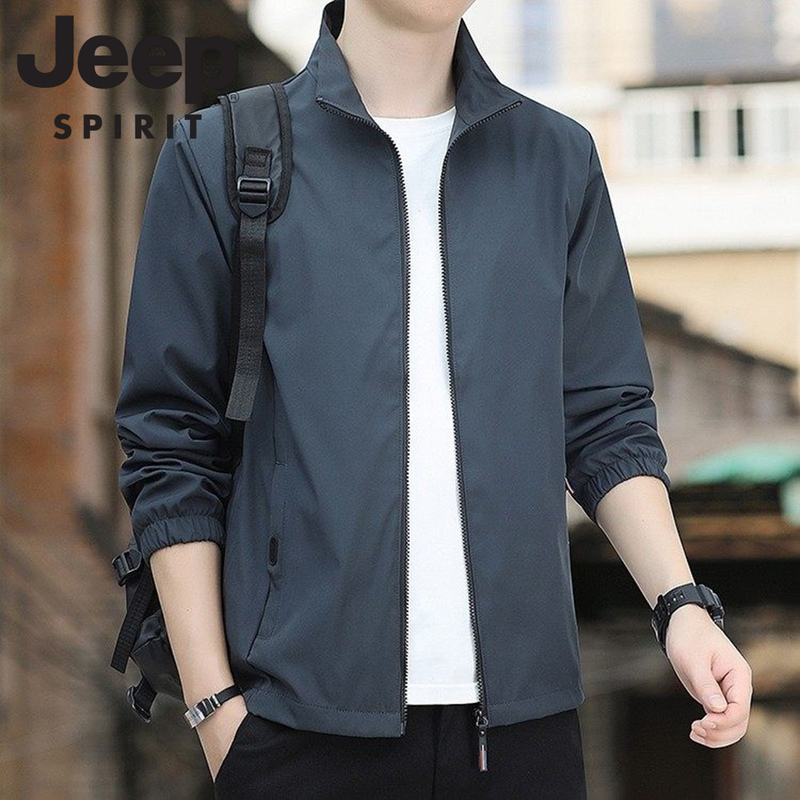 Jeep Spirit Solid Color Stand-Up Collar Jacket for Men, Spring and Autumn Versatile Loose Windproof Fashionable Casual Long-Sleeved Jacket