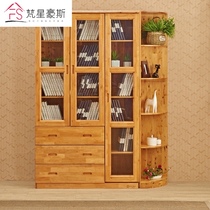  Pure solid wood cypress bookcase Study room with glass door bookshelf shelf Free combination three-door display cabinet furniture