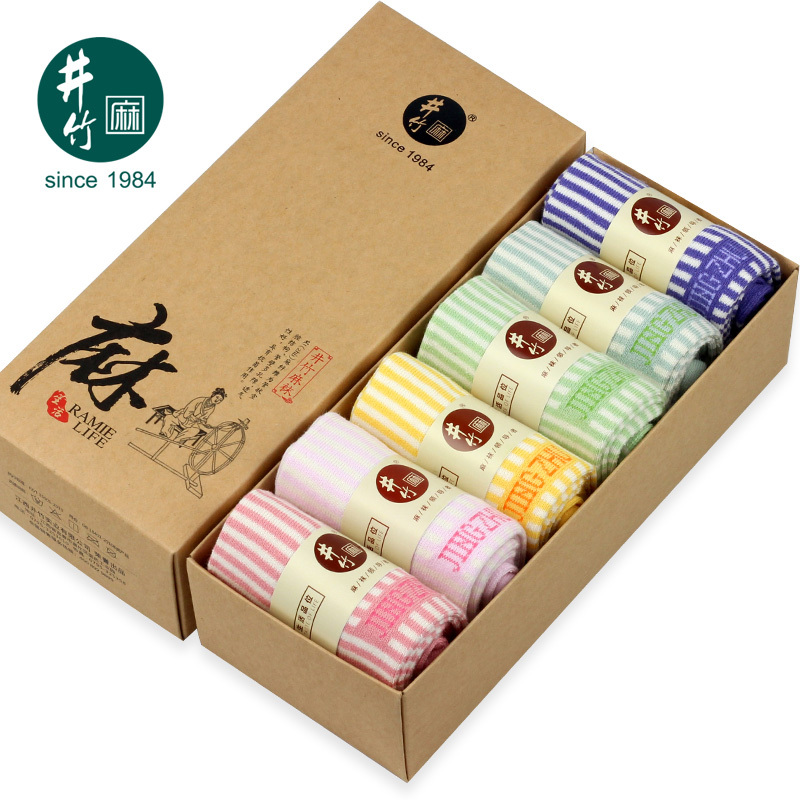 Jingzhu Socks Women's Mid-Calf Socks for Spring and Autumn, Medium-Thick Striped Ramie Cotton, Sweat-Absorbent, Breathable, Odor-Resistant Women's Socks, 6 Pairs Pack