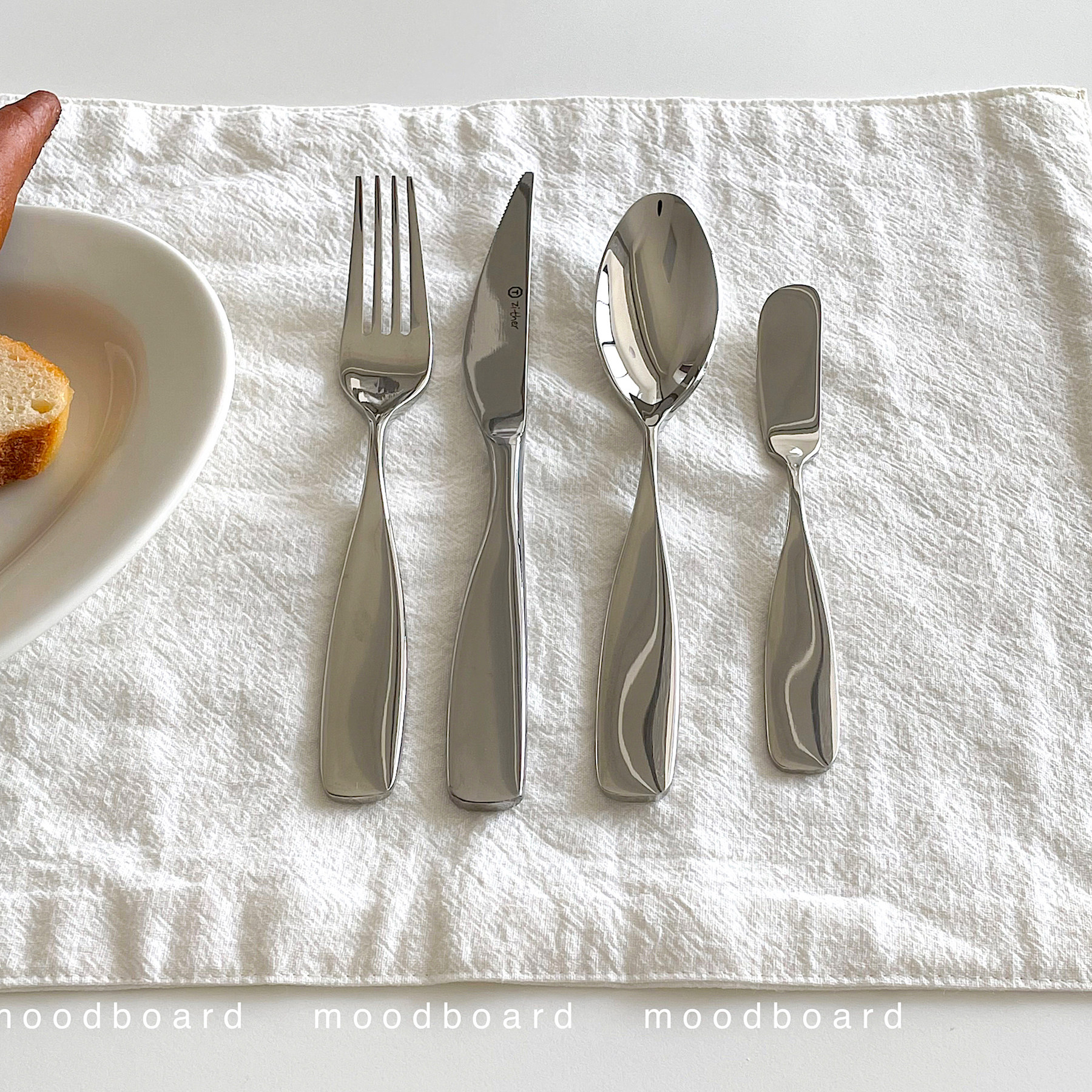 moodboard shiny knife fork spoon cream jam spatula texture heavy stainless steel steak knife Western food