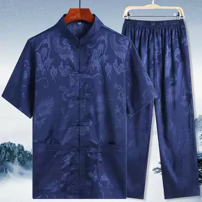 Summer Tang suit men's short sleeve suit middle-aged and elderly summer old man clothes male grandfather summer dress 60-70 year old father