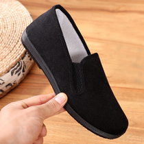 Old Beijing cloth shoes mens corduroy flat bottom all black non-slip soft bottom driving youth lazy casual mens shoes spring