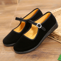 Old Beijing cloth shoes womens hotel work all black word buckle flat non-slip square dance middle-aged womens shoes spring single shoes