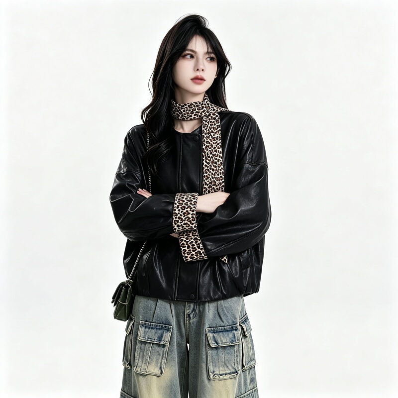 Retro Leopard Print Ribbon-Trimmed Sleeve Round-Neck Black Protein Leather Jacket for Women, Early Autumn, High-End, Loose-Fitting, Slimming Leather Coat