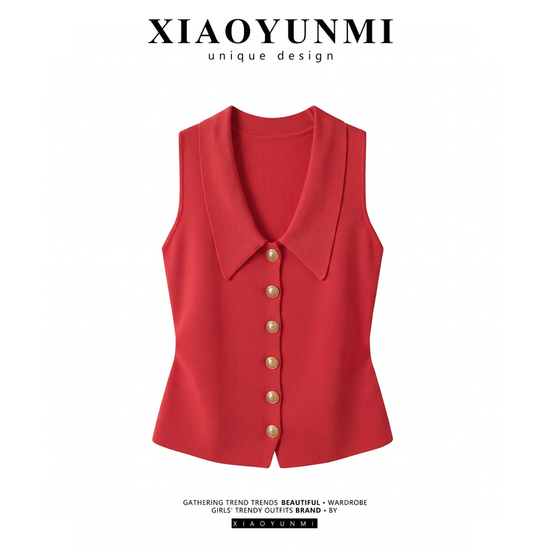 Elegant Chanel-Style Red V-Neck Sleeveless Knitted Vest for Women, Summer 2026, Unique and Stunning Waist-Cinching Top Elegant Chanel-Style Red V-Neck Sleeveless Knitted Vest for Women, Summer 2026, Unique and Stunning Waist-Cinching Top