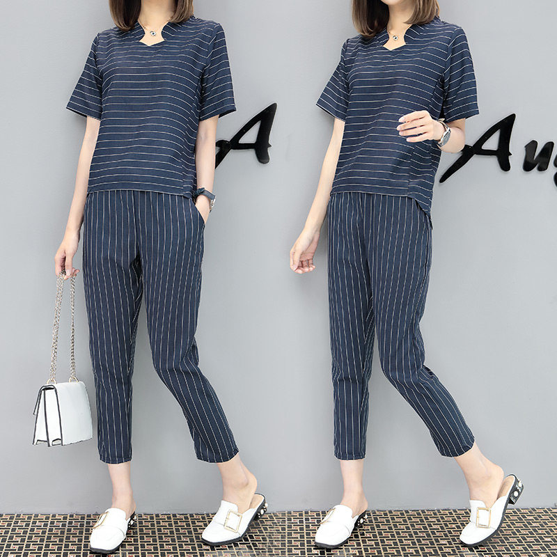 2017夏季棉麻条纹套装短袖上衣小脚裤子时尚两件套韩版休闲撞色女