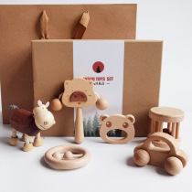 Newborn gift box pig baby solid wood can bite hundred days full moon gift baby hand rattle rattle
