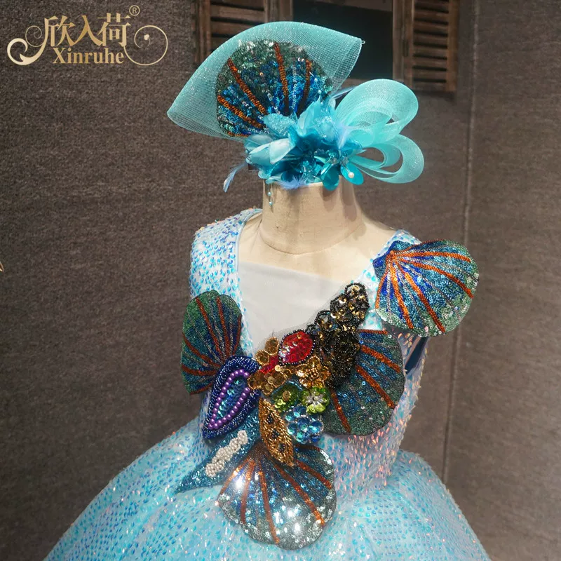 Короткое azure платье с пайетками для подиума, тюлевый юбка-пачка