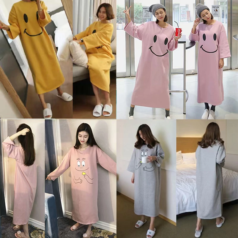 Váy ngủ lỏng plus size xuân thu dài tay bà bầu phiên bản hàn quốc plus tăng béo mm200 catties pyjama - Đêm đầm