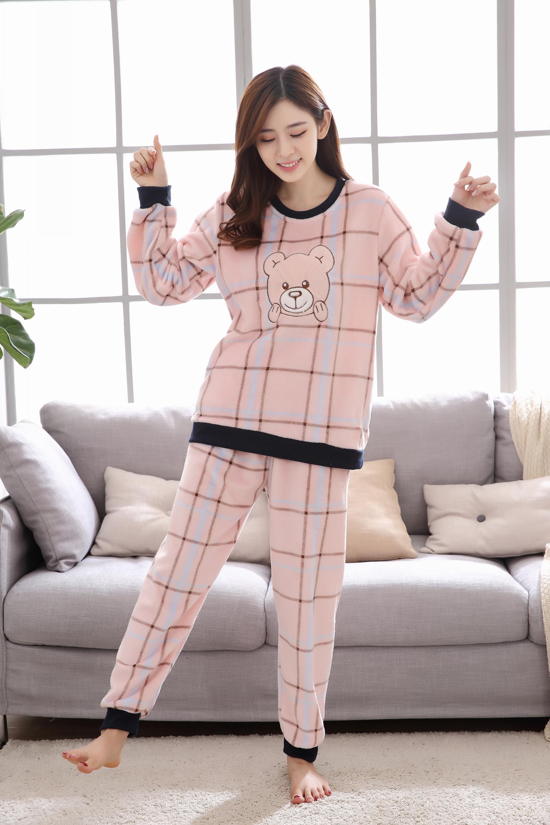 Đồ ngủ nhung san hô nữ flannel mỏng mùa thu và mùa đông học sinh trung học cơ sở Fale cashmere dịch vụ nhà dễ thương phù hợp với mui xe pijama ngắn tay
