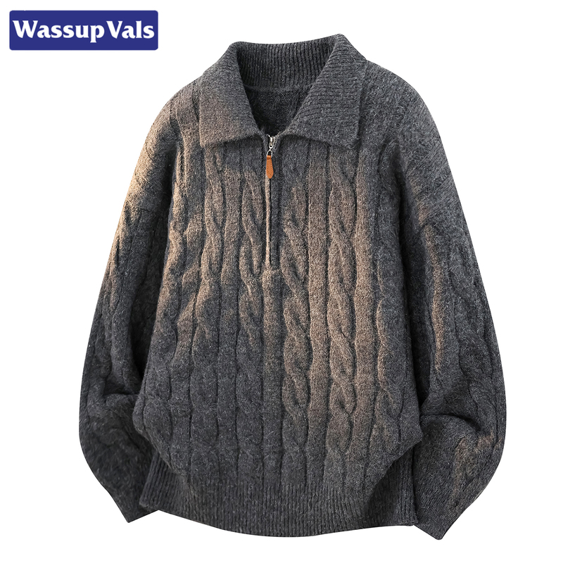 Wassup Vals American-Style High-End Twist-Pattern Lapel Knit Sweater for Men, New Autumn Style, Loose and Versatile Trendy Piece Wassup Vals American-Style High-End Twist-Pattern Lapel Knit Sweater for Men, New Autumn Style, Loose and Versatile Trendy Piece