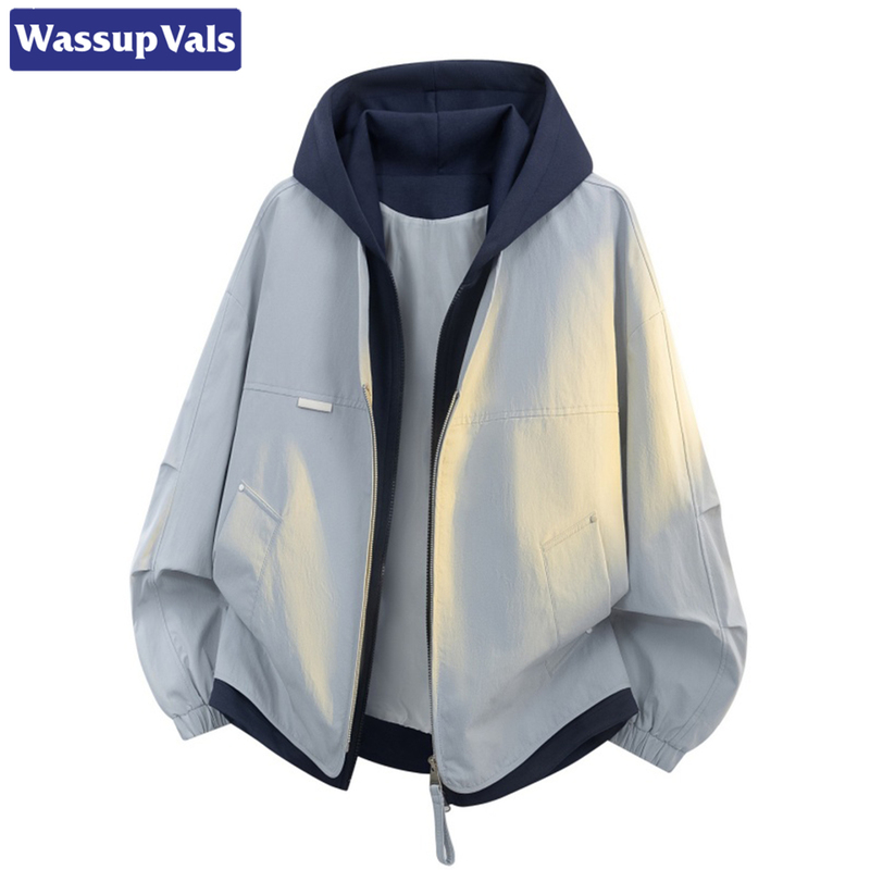 Wassup Vals Trendy High Street American Style Plus Size Patchwork Men's Windproof and Waterproof Spring and Autumn Hooded Fake Two-Piece Jacket