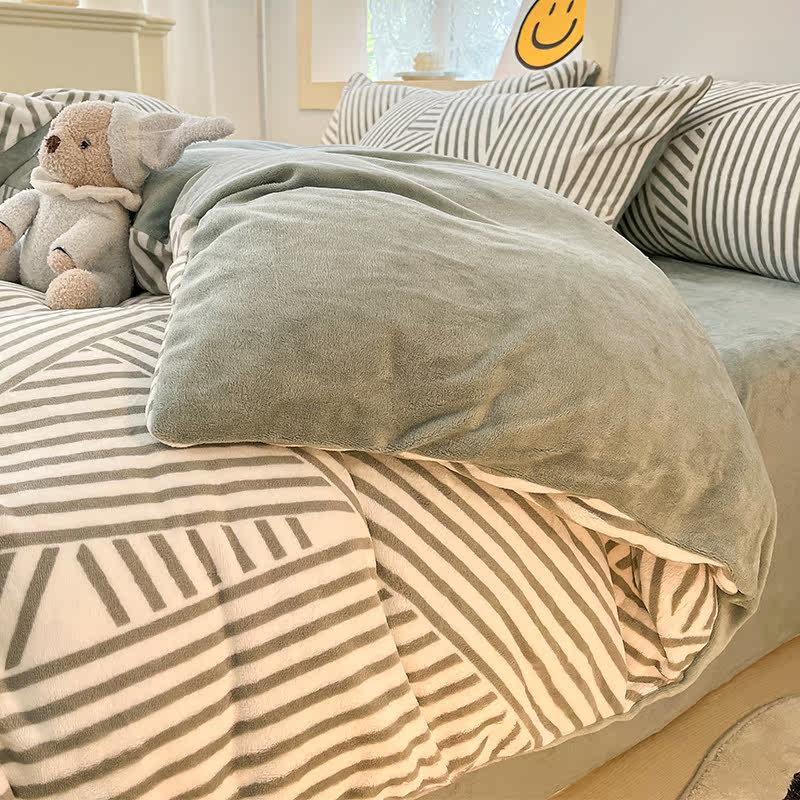 Milk Suede Bed Four Pieces Winter Coral Suede Thick Flannel Suede Fallais Suede Quilt Cover Men Bed Linen Three Sets-Taobao