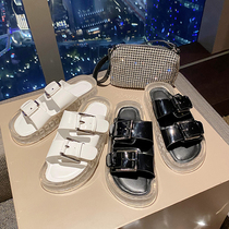  2021 summer leather muffin thick-soled word buckle belt beach sandals casual flat slippers Roman shoes ins tide