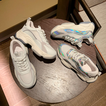  Leather daddy shoes womens ins tide 2021 spring and summer lace-up mesh thick bottom increased foot small casual sports shoes