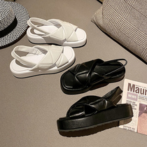  Thick-soled muffin sandals womens summer wear 2021 new net red leather fashion casual cross-belt open-toe slippers tide