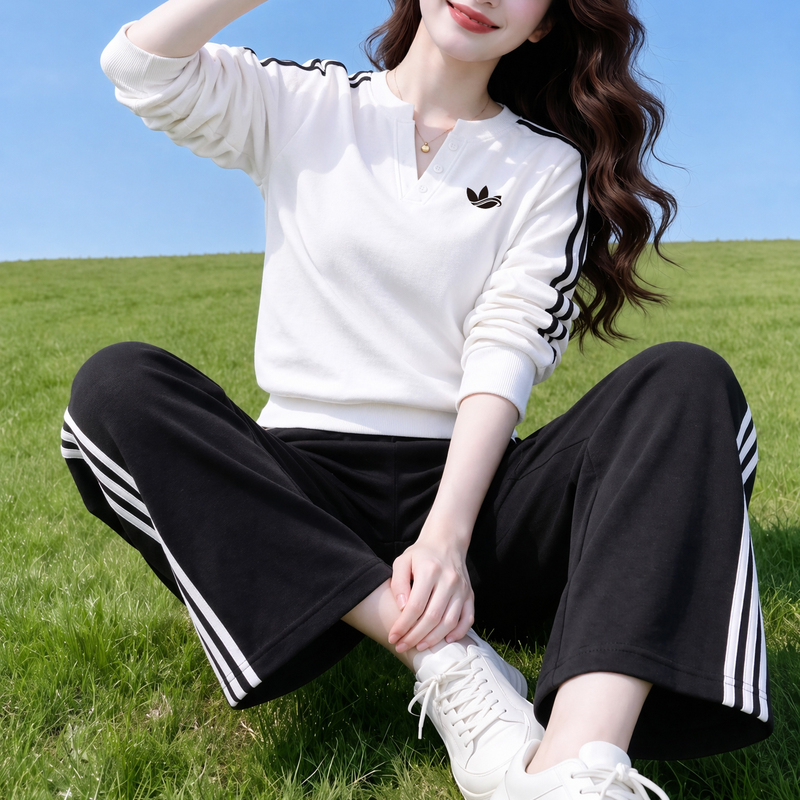Ole High-End Sporty Style Suit for Women, New Spring and Autumn Fashion Classic Three-Stripe Casual Sweatshirt and Long Pants Two-Piece Set