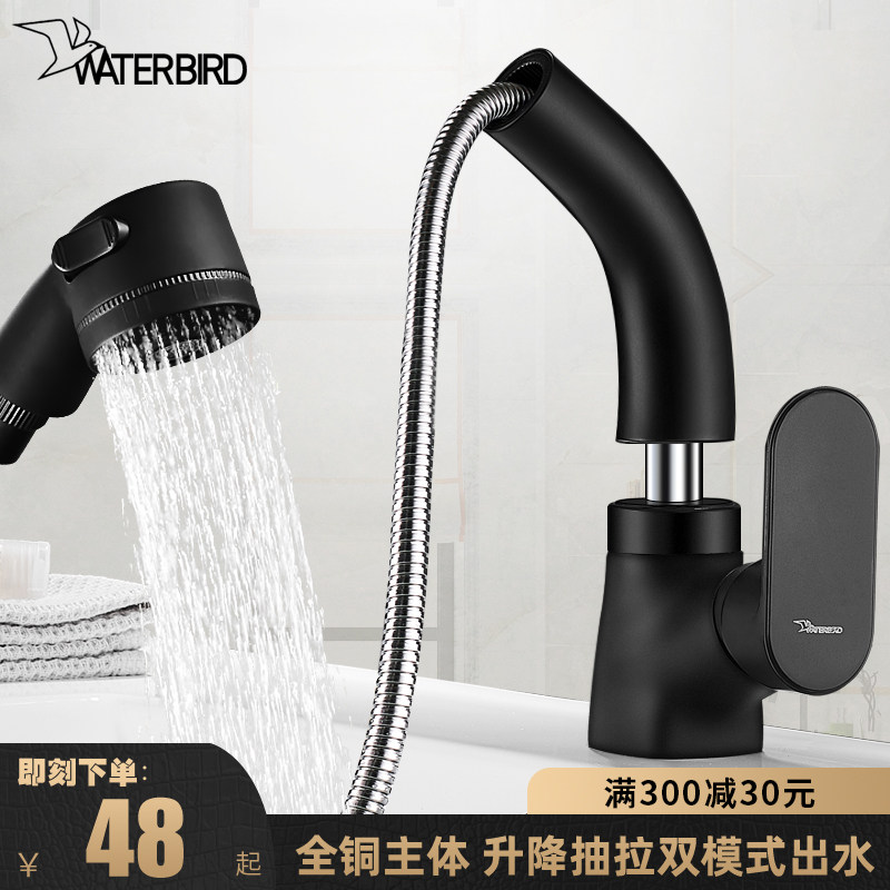 All copper faucet can be pumped ramen basin faucet hot and cold wash face lifting double out faucet black faucet pull-out type