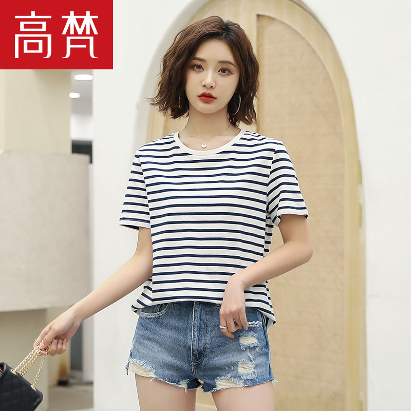 Gao Fan 2019 new spring and summer Women fashion stripes short sleeve round neck T-shirt female Korean loose top base shirt