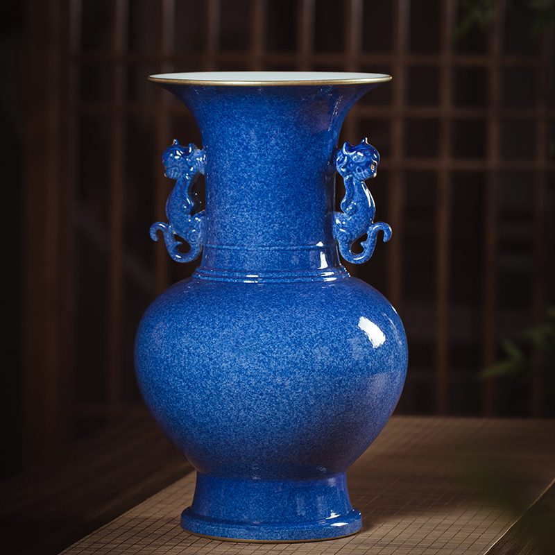 Pure handmade ceramic sprinkled with blue glaze New Chinese light lavish sketching gold high-end vase Jingdezhen blue porcelain living room swing piece