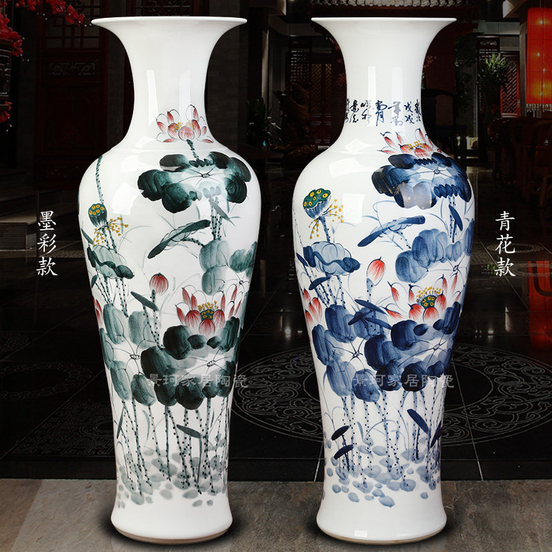 Jingdezhen porcelain large floor-to-ceiling vase Living room decoration large size hand-painted lotus blue and white porcelain fish every year