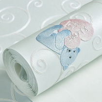 Cute cartoon bear 3D embossed non-woven wallpaper childrens room male and female children boys bedroom blue environmental wallpaper