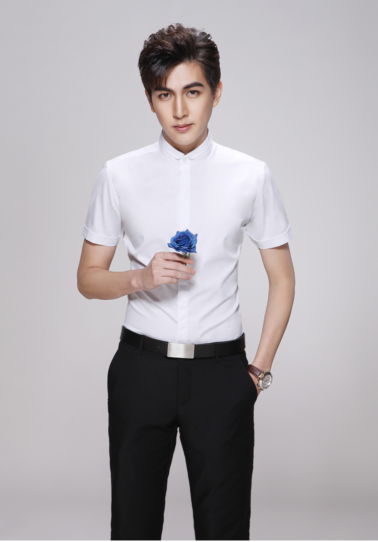Seno mùa hè trắng nhỏ đứng cổ áo sơ mi nam tay ngắn đầm Hàn Quốc kinh doanh giản dị Slim áo chống nhăn trắng - Áo sơ mi kaki nam