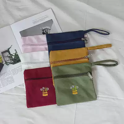 Small fresh embroidery wallet small square bra short chain pen bag Canvas clutch mobile phone bag mini card bag female