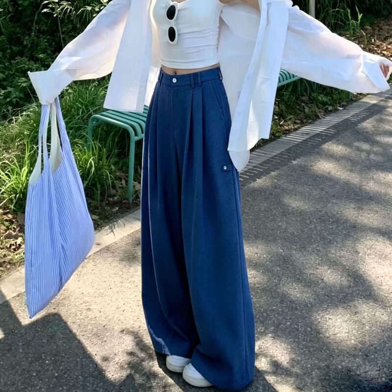2026 Autumn New Blue Curved Hem Pants with Elastic Waist, Straight Long Pants for Women, Loose Wide-Leg Sports Casual Pants 2026 Autumn New Blue Curved Hem Pants with Elastic Waist, Straight Long Pants for Women, Loose Wide-Leg Sports Casual Pants