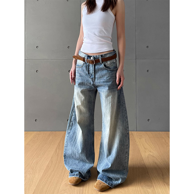 American Retro Straight-Leg Washed Scimitar Jeans for Women 2026 Summer New High-Waisted Loose Slimming Wide-Leg Pants