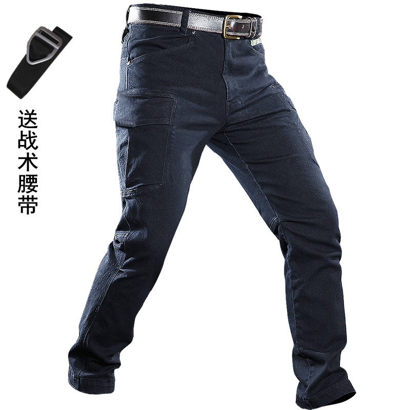 Archon spring and autumn tactical denim trousers stretch male special forces self-cultivation wear-resistant multi-pocket casual overalls pants black