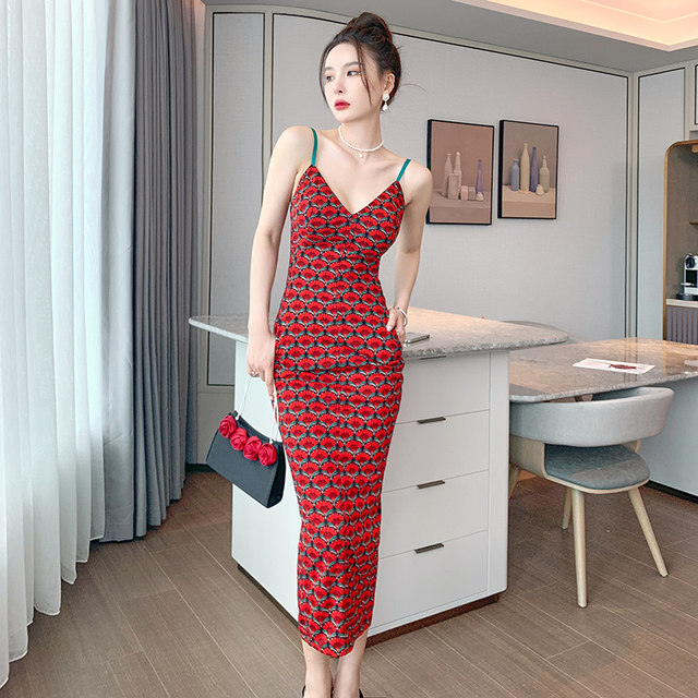 Temperament and elegant banquet evening dress women can usually wear suspenders printed daily French ladies dress long summer