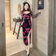 Spring and Autumn Improved Cheongsam Young High Slit Retro Printed Lace Hollow Out Waist Thin Tube Top Dress Women