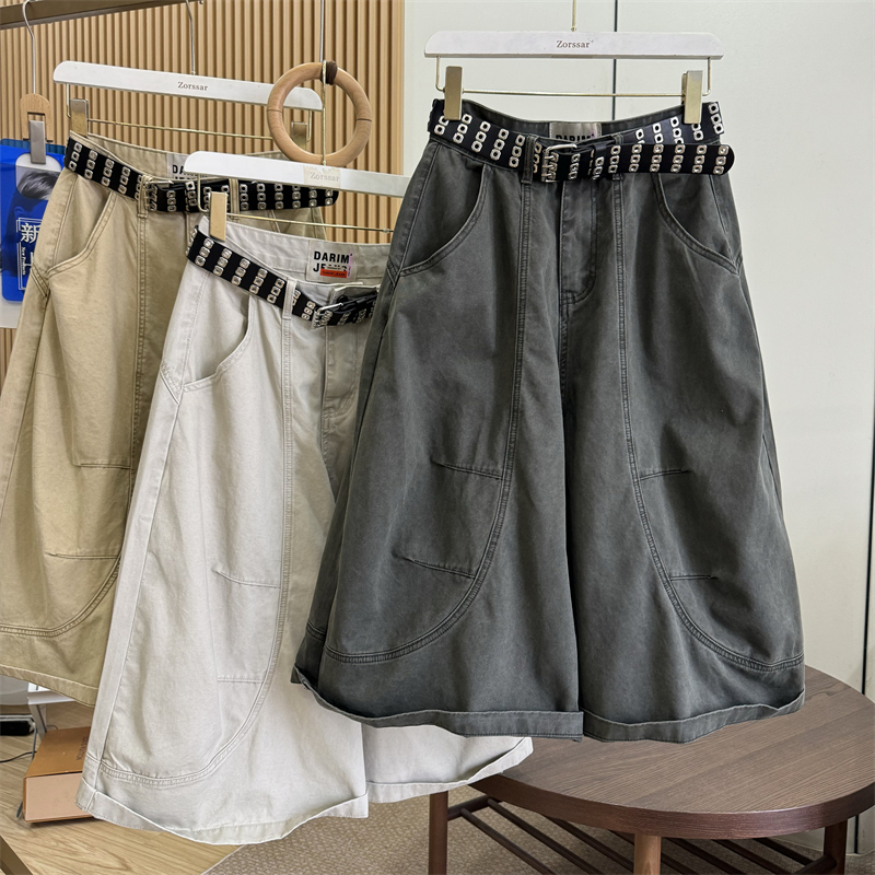 Retro Workwear Style Wide-Leg Cropped Pants for Women, Summer Three-Dimensional Patchwork Belt Decoration Casual Pants Retro Workwear Style Wide-Leg Cropped Pants for Women, Summer Three-Dimensional Patchwork Belt Decoration Casual Pants