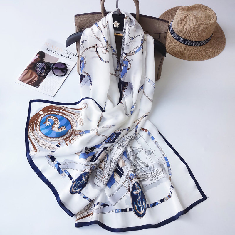 Summer white high - grade satin silk scarf navigation print 100 % sand silk scarf long sunscreen shawl