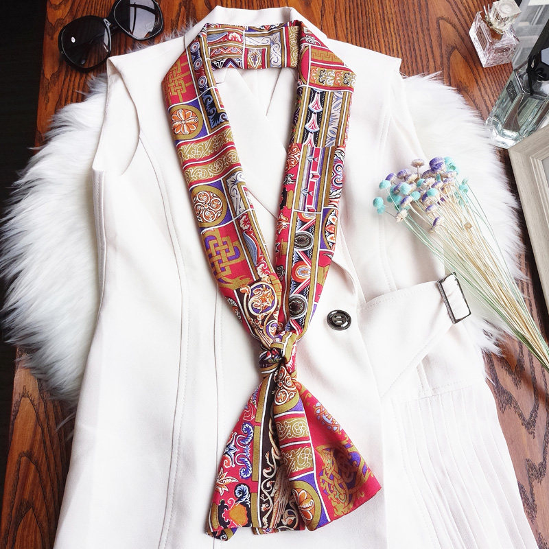 Korean version 100 lap ins retro small silk towels slim narrow strip small scarves decorated with scarves printed bifacial narrow towels Career